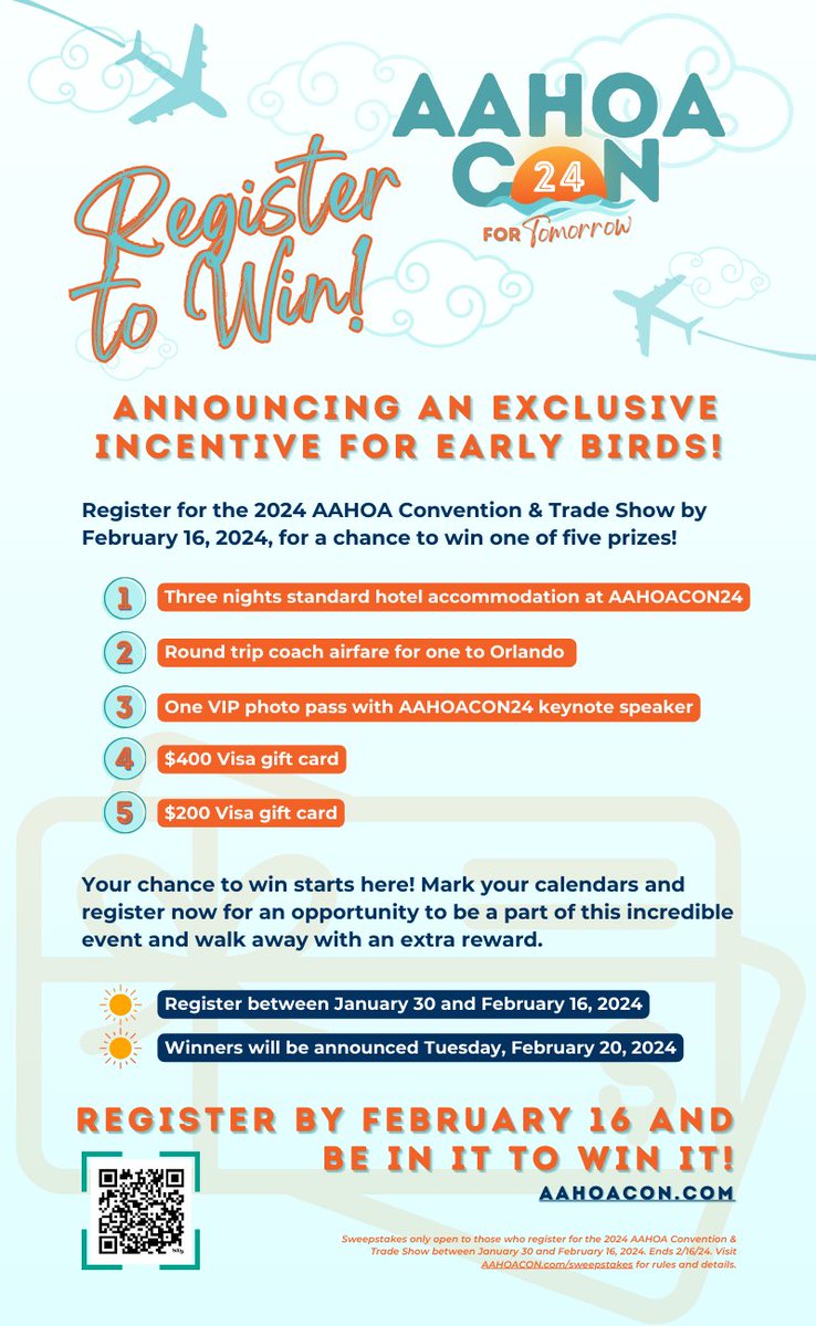 #AAHOACON24 SWEEPSTAKES - ENTER FOR YOUR CHANCE TO WIN!
 
Join the excitement for the 2024 AAHOA Convention & Trade Show & lock in your chance to win one of five amazing prizes!

Check out the flyer below to see what's up for grabs.

Full rules & details: AAHOACON.com/sweepstakes