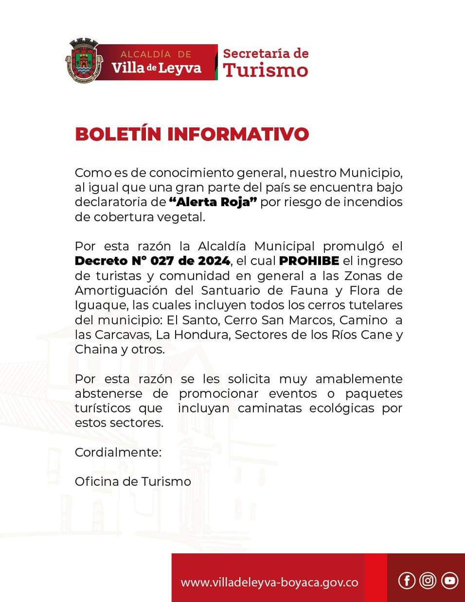 miboyaca_co's tweet photo. La Secretaría de Turismo de @alcaldiavdleyva recuerda que, debido a la Alerta Roja declarada, se prohíbe el acceso a ciertas áreas en #VilladeLeyva por razones de seguridad.
AlertaRoja #RestriccionesVilladeLeyva #SeguridadLocal https://t.co/yrjjYWpI75