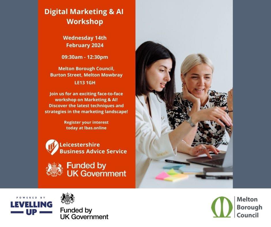 Businesses, a free Digital Marketing &amp; AI workshop is being delivered by the Leicestershire Business Advice Service on February 14th 2024. 
Full info 👇 
#LBAS #Workshop #BusinessAdvice #BusinessSupport #Digital #Marketing #AI  #business #melton #meltonmowbray