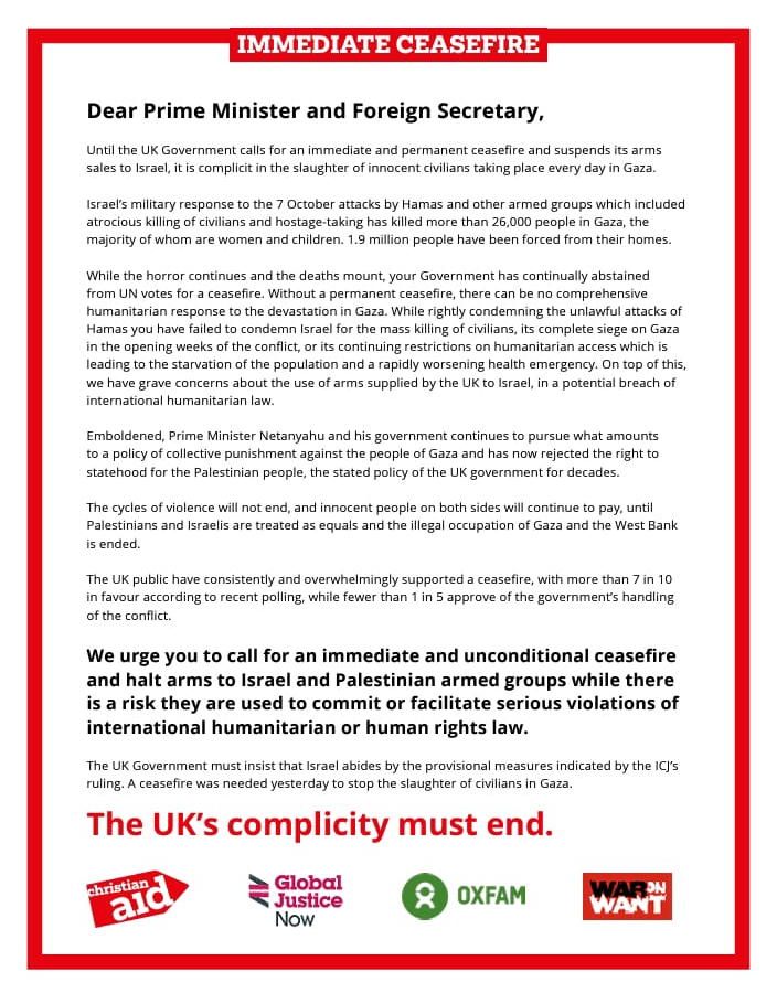 WarOnWant's tweet photo. Until the UK government calls for a permanent ceasefire and suspends its arms sales to Israel, it is complicit in the slaughter of civilians in Gaza.

Our joint letter in @thetimes today with @christianaid, @GlobalJusticeUK &amp; @oxfamgb.

#CeasefireNOW https://t.co/ZwvyW9jSIG