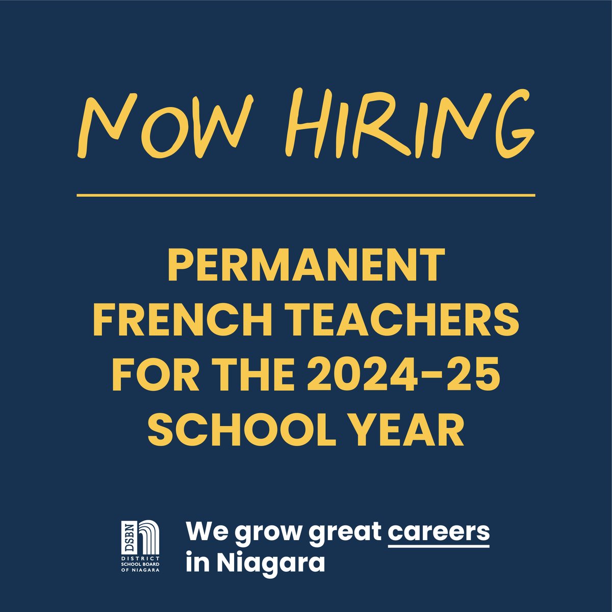 ❕ One week left to apply ❕

DSBN is actively hiring permanent French teachers for the 2024-25 school year 📚

✔️ Apply online by February 7
👉 careers.dsbn.org/?utm_source=tw…

We grow great careers in Niagara 🌱

Questions? 👇
peopleandculture@dsbn.org
