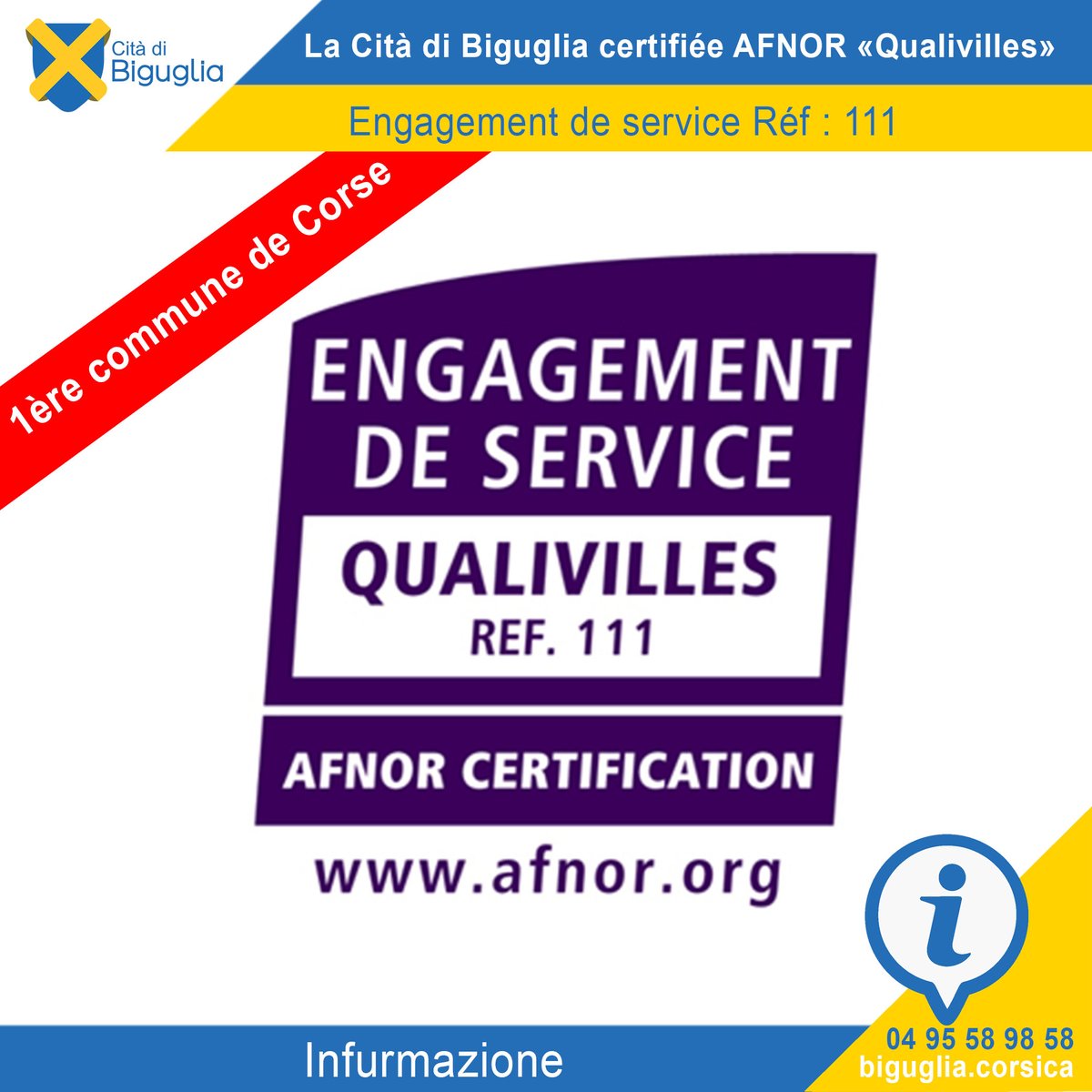 "Nous sommes très heureux de vous annoncer que notre commune a obtenu la certification AFNOR "Qualivilles" (Engagement de service Réf:111).
Cette démarche permet de garantir la qualité, la fiabilité et le sérieux de nos services !