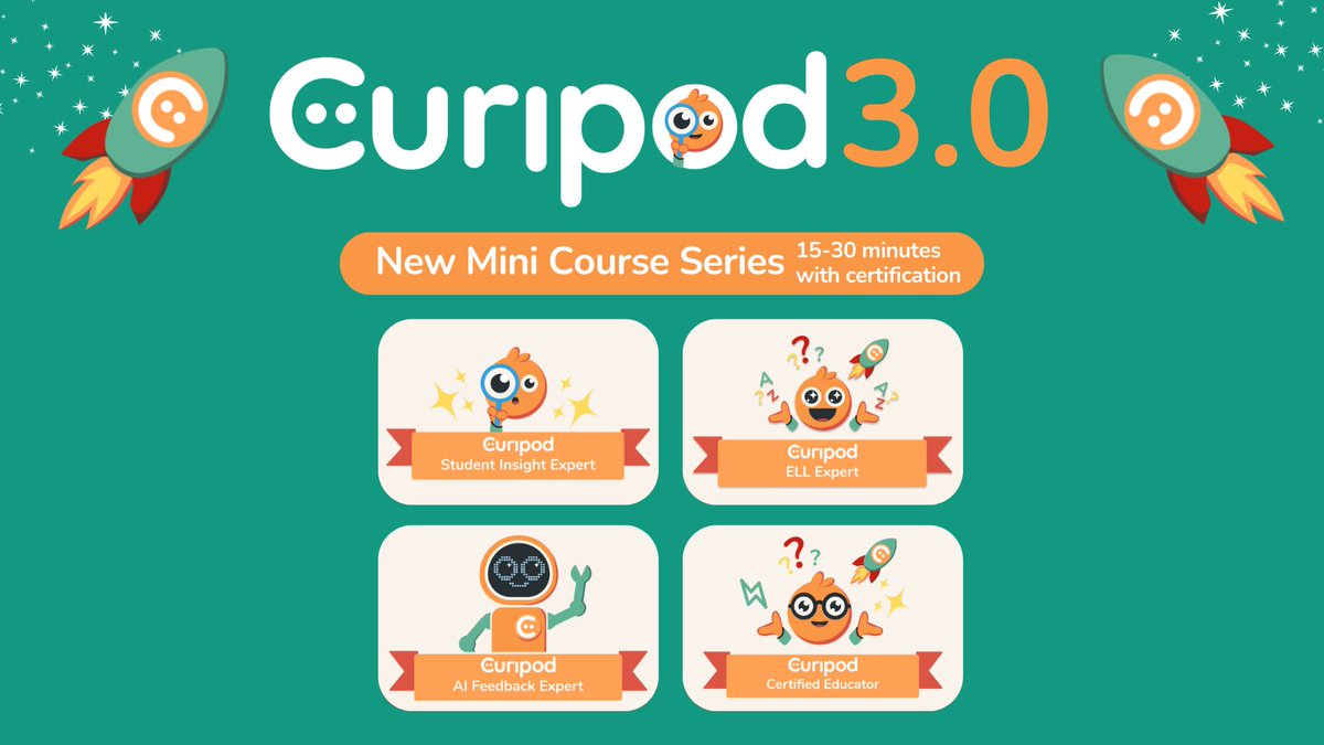 Curipod 3.0 is here 🧡 including NEW certification courses! 

- Curipod Student Insight Expert
- Curipod ELL Expert
- Curipod AI Feedback Expert
- Curipod Certified Educator

Each one takes 15-30 minutes &amp; comes with a certificate for you upon completion!
