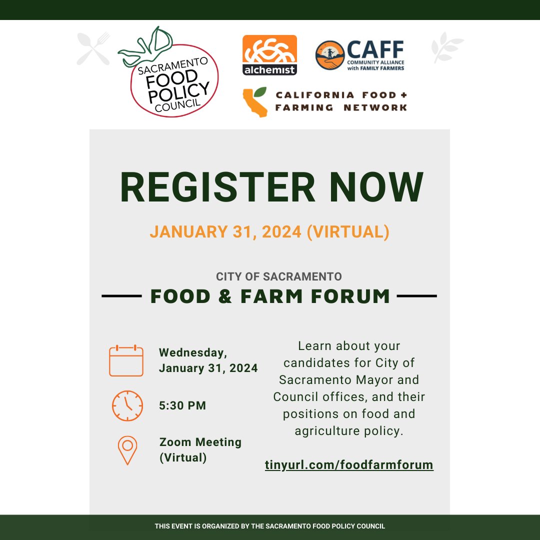 SacFoodPolicy's tweet photo. Today is the day! Join @SacFoodPolicy at 5:30 PM for a City of Sacramento candidate forum focused on food and agriculture policy! Candidates for Mayor and D2, D4, and D6 will be participating. Zoom registration: https://t.co/vkWXtYKfK6 https://t.co/HspGqSWf4v