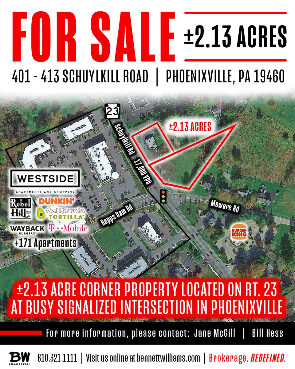 NEW LISTING 💥 Phoenixville, PA
☑ Available for Sale
☑ Over 2 Acres of Land
☑ Across from Westside Apartments and Shopping

📍Prime corner parcel @ signalized intersection!

 #newlisting #commercialland #commercialproperty #retaildevelopment #bennettwilliamscommercial