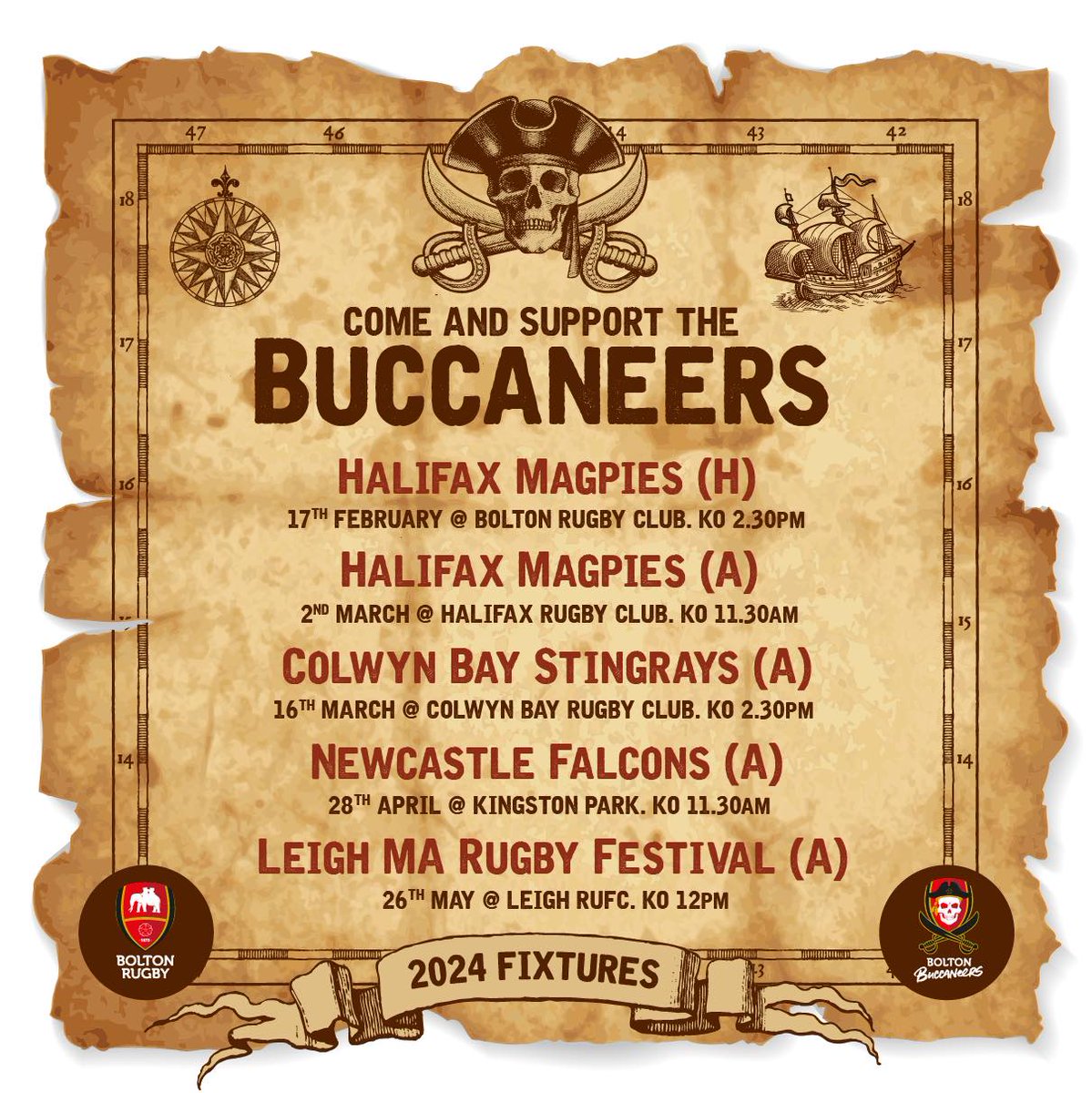 The Buccaneers have got a busy few months of fixtures coming up, these are the confirmed fixtures so far.
Come & support the Buccaneers at their next home game vs Halifax Magpies on Sat 17 February, kick off 2:30pm at Bolton Rugby Club
#boltonrufc #mixedability #mixedabilityrugby