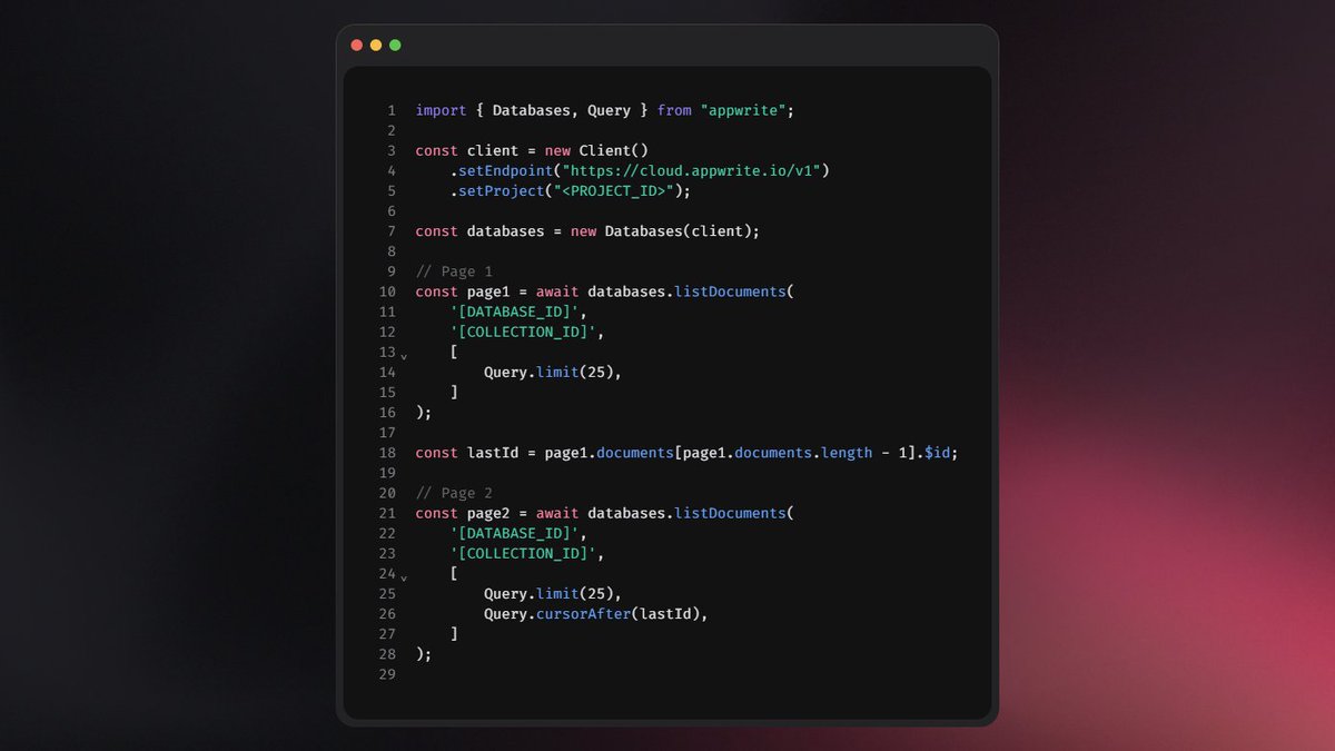appwrite's tweet image. To allow more effortless loading of data from frequently updated high-volume databases, Appwrite offers cursor pagination out-of-the-box.
Learn more about offset and cursor pagination and how to leverage both with Appwrite Databases.
appwrite.io/docs/products/…