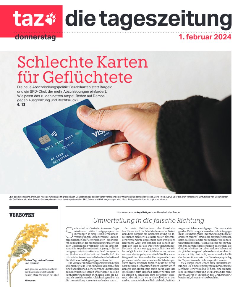 Von den netten Ampel-Reden bei den Demos kann man sich nichts kaufen: Die #tazeins zur Einführung von #Bezahlkarte statt Bargeld @tazgezwitscher