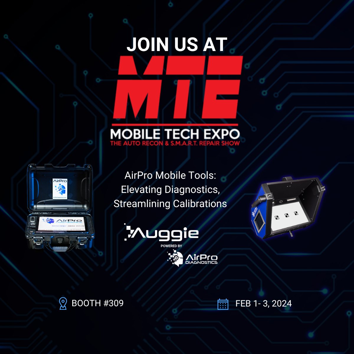 AirPro Diagnostics is bringing innovation to the heart of
Orlando at the Mobile Tech Expo 2024! Join us at Booth #309 to witness
the future of mobile-friendly diagnostics and windshield calibrations
with Auggie – our game-changing Mobile FFC Calibration Tool.
#MobileTechExpo24