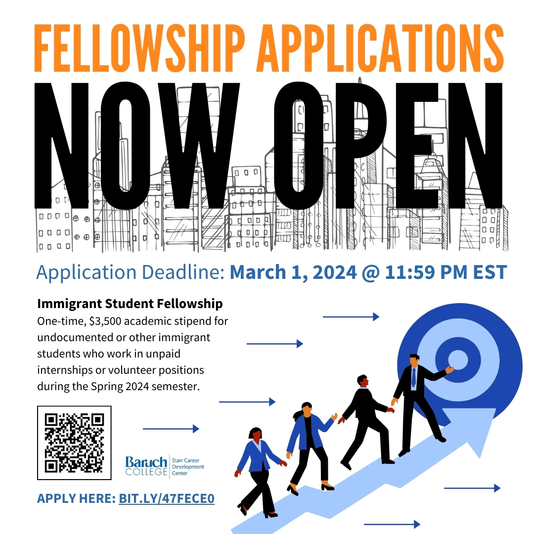 A one-time #fellowship is offering $3,500 to undocumented or immigrant students who have an unpaid #internship or are #volunteering during the Spring 2024 semester. Apply here: bit.ly/47FeCe0 #baruchstarr #baruchworks