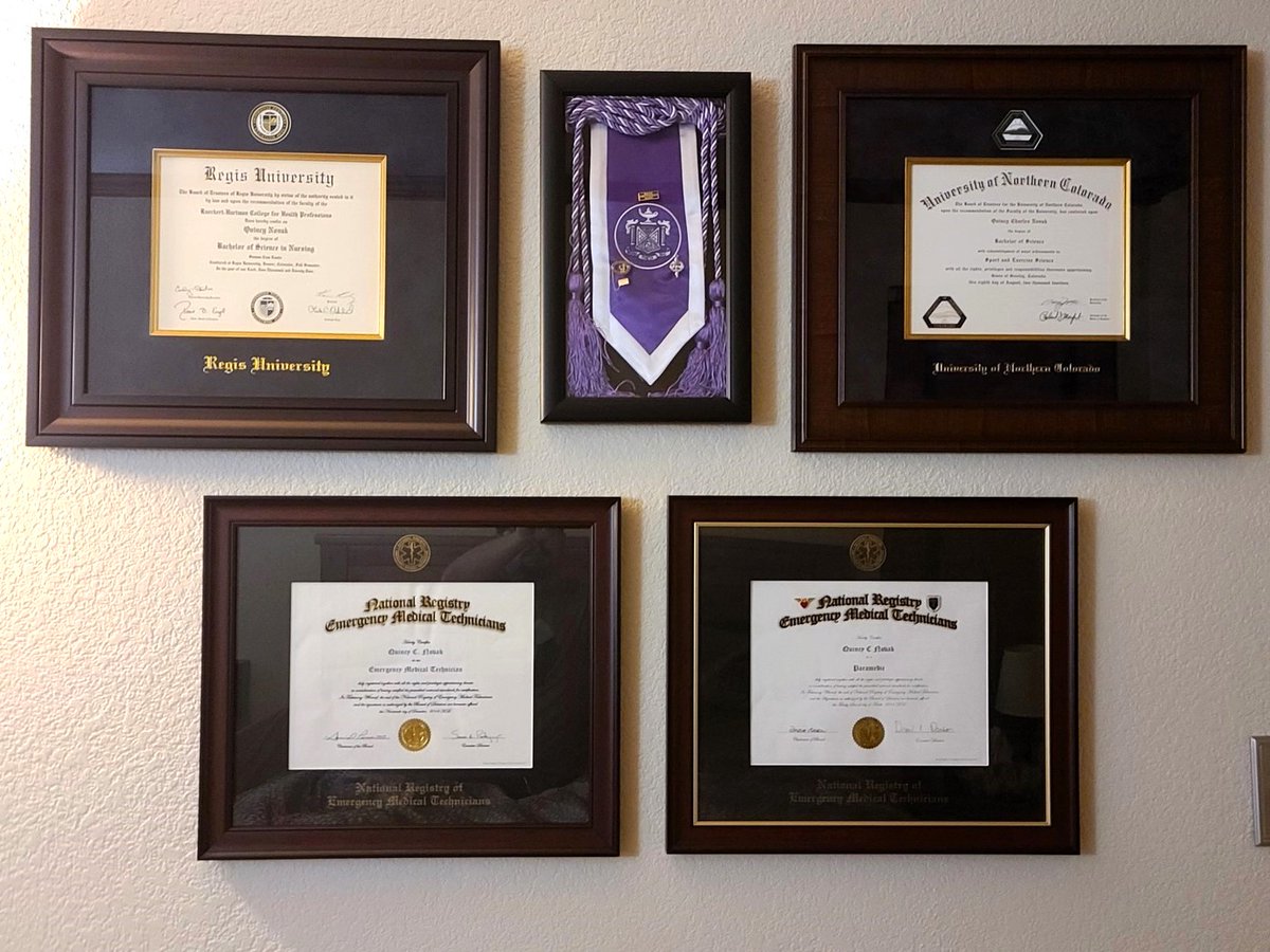 'I had the opportunity to purchase 5 frames (@regisuniversity, @UNC_Colorado & @NREMT) and they highlight all of my achievements and education. They all look fantastic on my wall. I honestly enjoy look at each and reflecting on my experiences.'—Quincy N. #regis #UNCBears #NREMT