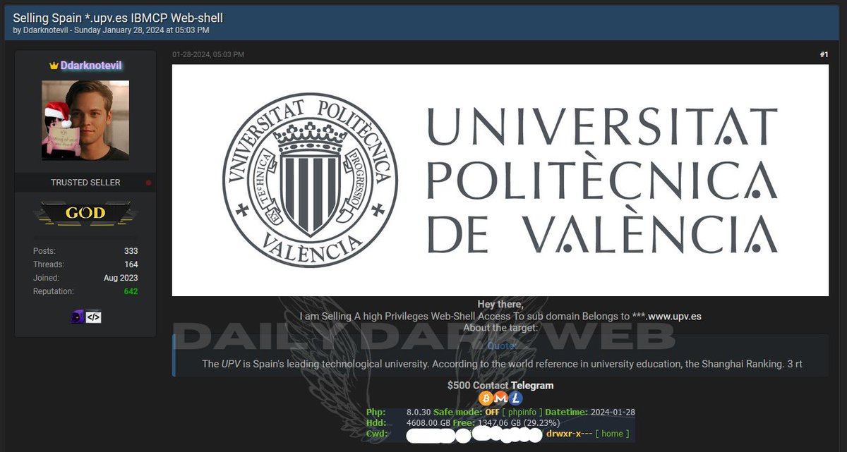 DailyDarkWeb's tweet photo. #Spain 🇪🇸 - Allegedly, Unauthorized web-shell #access to a subdomain belonging to UPV Universitat Politècnica de València, Spain's leading technological university, is on sale

Price: $500

#DarkWeb https://t.co/YF3caIqAMZ