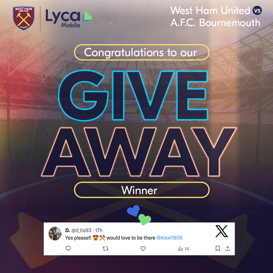 Congratulations @d_tia93 enjoy the game tomorrow 😄⚽️ #ticketgiveaway #westham #afcbournemouth