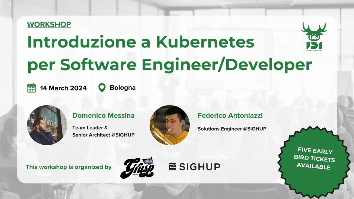 🇮🇹 #workshop : “Introduzione a #kubernetes   per #softwareengineer  / #developer   ”
🗓 March 14th, 2024  | 🕓 09:00 -18:00
🤩 Only 5 Early Bird tickets are available; secure your spot now!
🎟 2024.incontrodevops.it/workshop/intro…