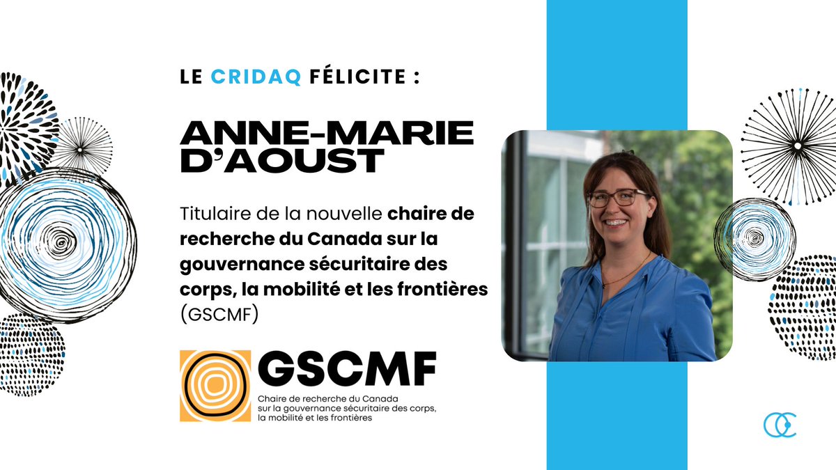 Anne-Marie D’Aoust est la titulaire de la nouvelle Chaire de recherche du Canada sur la gouvernance sécuritaire des corps, la mobilité et les frontières à l’@UQAM. 👉 cridaq.uqam.ca/nouvelles/anne… 👉 cridaq.uqam.ca/activite/didie… @SciencePo_UQAM @Pol_droit_UQAM @SQSP_ @FRQSC