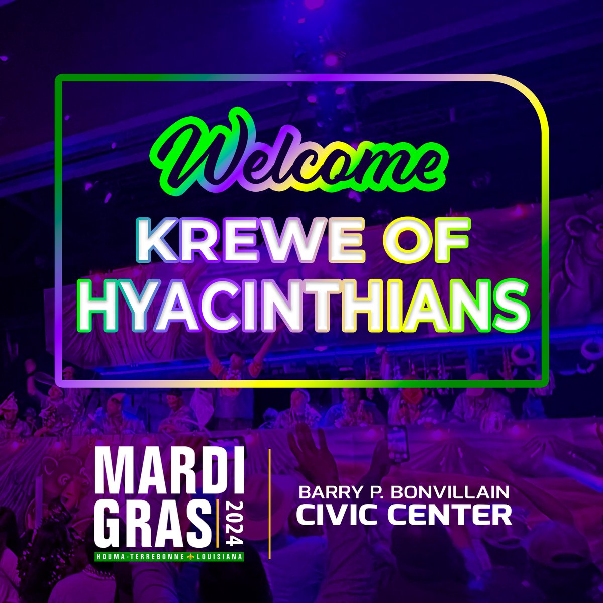 HoumaEvents's tweet photo. Welcome members and guests attending the Krewe of Hyacinthians Tableau and Ball. #mardigras #houma #terrebonneparish 🟣🟢🟡 https://t.co/jPkdbhEJyE