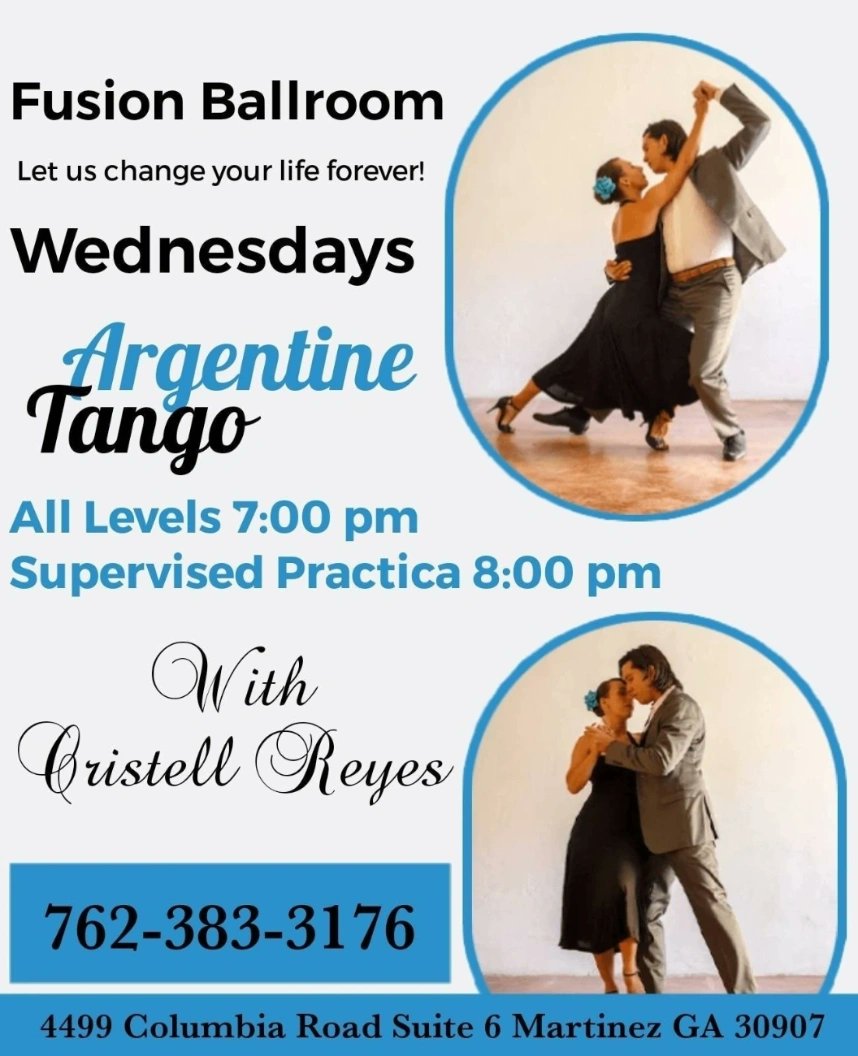 FusionBallroom's tweet photo. Fusion Family:

Come and learn the Elegant and Passionate Argentine Tango tonight with Cristell Reyes.

Schedule:
7:00 pm - Argentine Tango All Levels
8:00 pm - Supervised Practica

For more information and prices give us a call at 762-383-3176.
@followers https://t.co/sMMogZM1CW