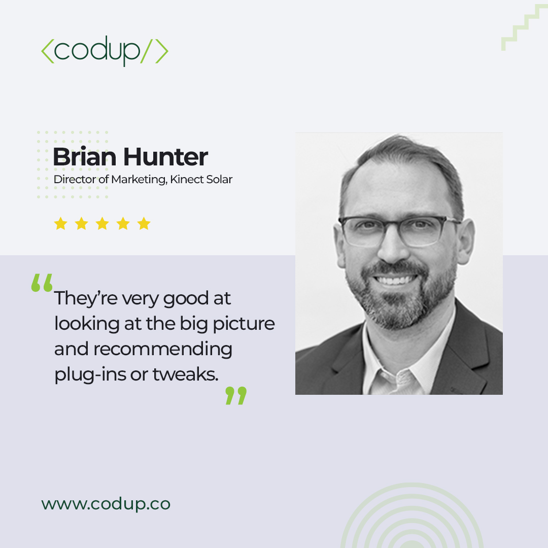 We're thrilled to share this wonderful feedback from Brian Hunter, Director of Marketing at <a href="/KinectSolar/">𝐊𝐈𝐍𝐄𝐂𝐓 𝐒𝐎𝐋𝐀𝐑</a> 

Our team's holistic approach has led to enhanced performance and speed for Kinect Solar's website.

Looking for a reliable partner: codup.co/contact-us/