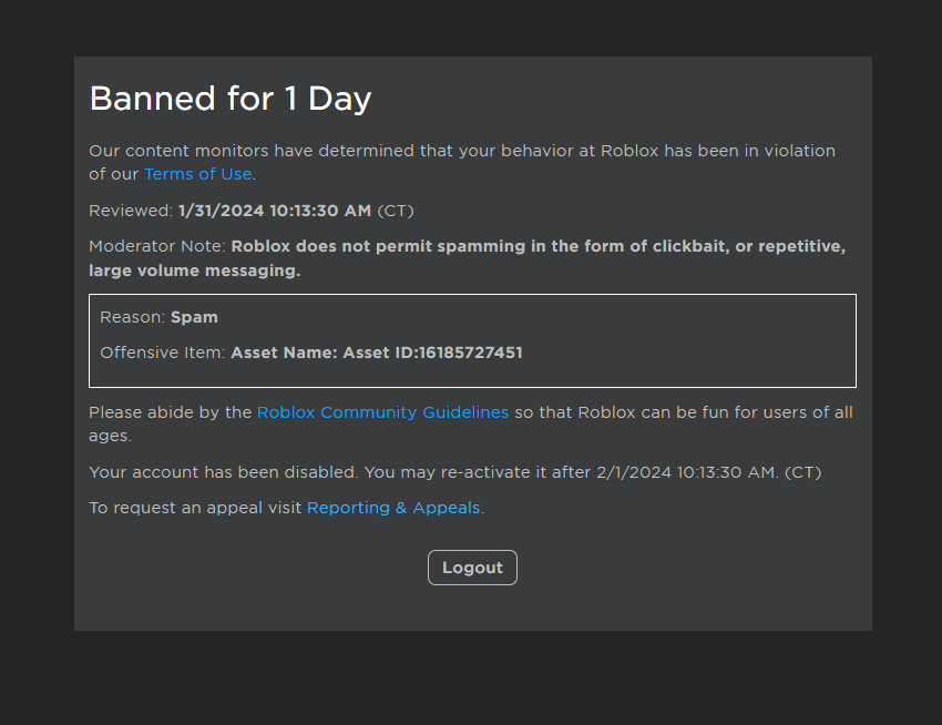 YoranAPG1's tweet photo. Does someone know something about this?
Like almost weekly i'm getting banned for "spam", just by uploading UGC.
Its getting really anoying and @Roblox support isnt saying anything helpful..
#ROBLOX #RobloxDev #RobloxDevs https://t.co/pM1VFZbp2c