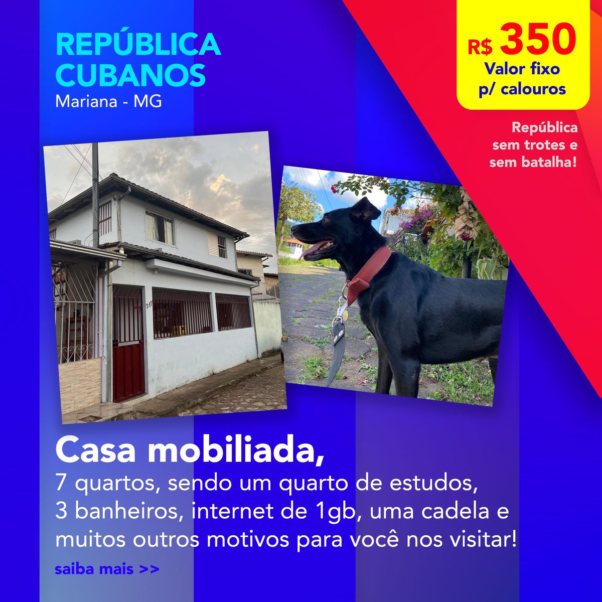 Rep_Cubanos's tweet photo. Passou no sisu e está buscando um novo lar? Venha pra República Cubanos.

Somos uma república localizada no centro de Mariana, próximo dos principais pontos da cidade. Na República Cubanos vivemos o melhor da vida republicana.

Venha nos conhecer! 🇨🇺

#ufop #icsa #ichs #calouro https://t.co/YEl1UjiFCa