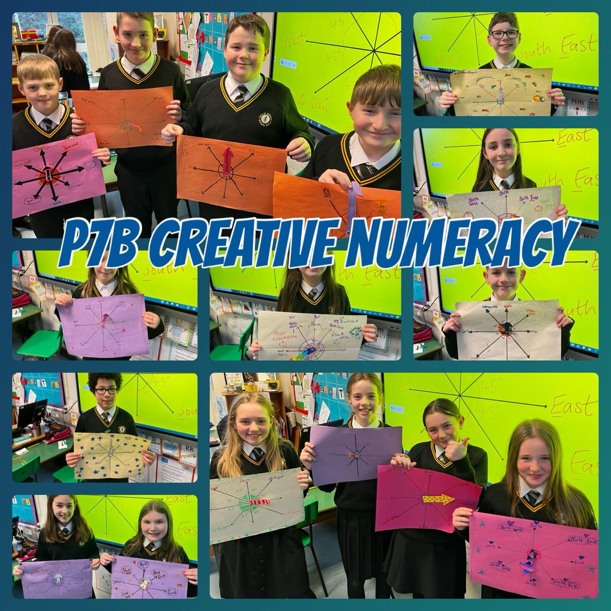 Today Mr. Bradley’s P7 class were learning about angles, turning and compass points. 🧭They applied what they were learning by making their own colourful 8-point compasses!➡️⬇️ #APathwayToSuccess