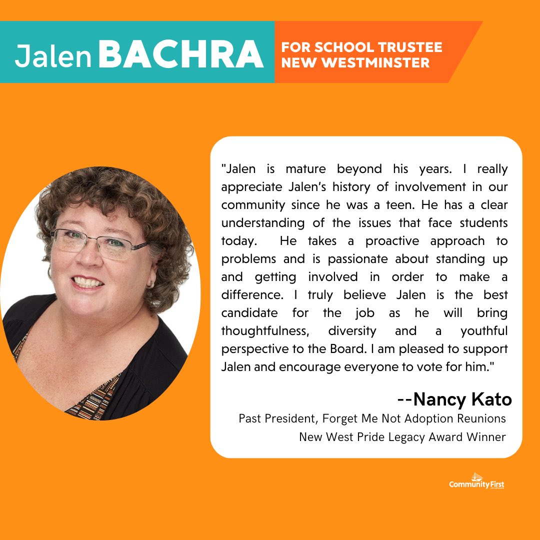 Advance voting opportunity today (Jan. 31) at New West City Hall from 8 a.m to 8 p.m. You can cast your vote for Jalen Bachra, a candidate who truly understands issues facing students, in the school board by-election. Thank you Nancy Kato for your endorsement of @JalenBachra.