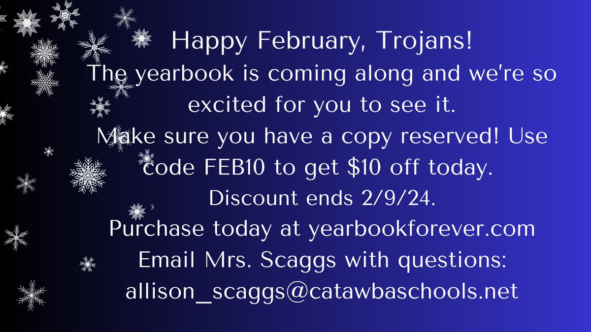 The yearbook is coming along and we're so excited for you to see it. Make sure you have a copy reserved! Use code FEB10 and get $10 off today. Discount ends 2/9/24. Purchase today at yearbookforever.com. Email Mrs. Scaggs with questions: allison_scaggs@catawbaschools.net