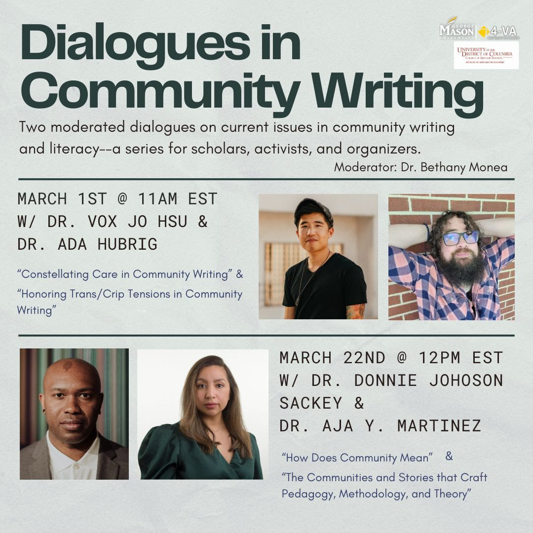 These events from the Virginia Community Writing Collaborative look like they're going to be so productive!

More info can be found via your CCW listserv email.