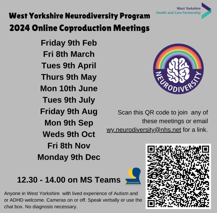 The poster on this post has a list of the upcoming @WYNeuroReview(online) Coproduction Meetings and details of how to join. Email rhiannono@touchstonesuport.org.uk if you would like this information in a different format. @jodeesimpson @leedsautismAIM