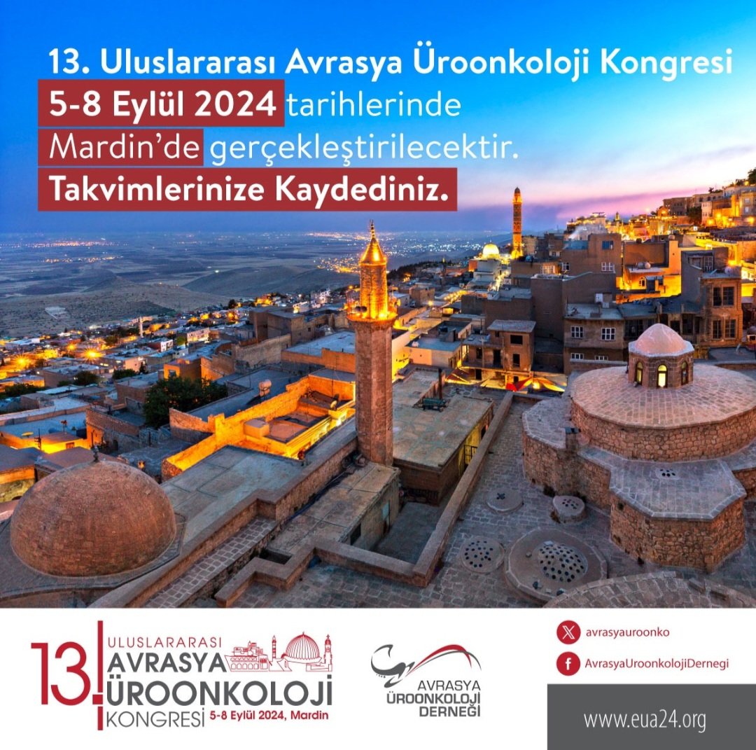 📌13. Uluslararası Avrasya Üroonkoloji Kongresi 🗓 5-8 Eylül 2024 tarihinde Mardin'de gerçekleştirilecektir. Mardin'de sizlerle buluşmak için çalışmalarımıza devam ediyoruz. Takvimlerinizde işaretlemeyi unutmayın. 👌 #EUA24 eua24.org