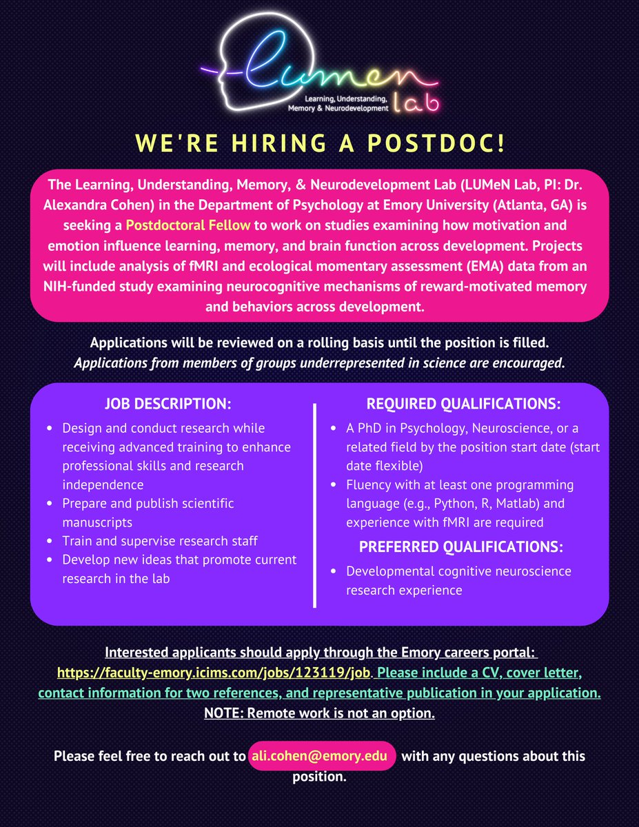 The Learning, Understanding, Memory, & Neurodevelopment (LUMeN) Lab at Emory is seeking our first postdoc! ✨ Learn more about the position and apply here: faculty-emory.icims.com/jobs/123119/job