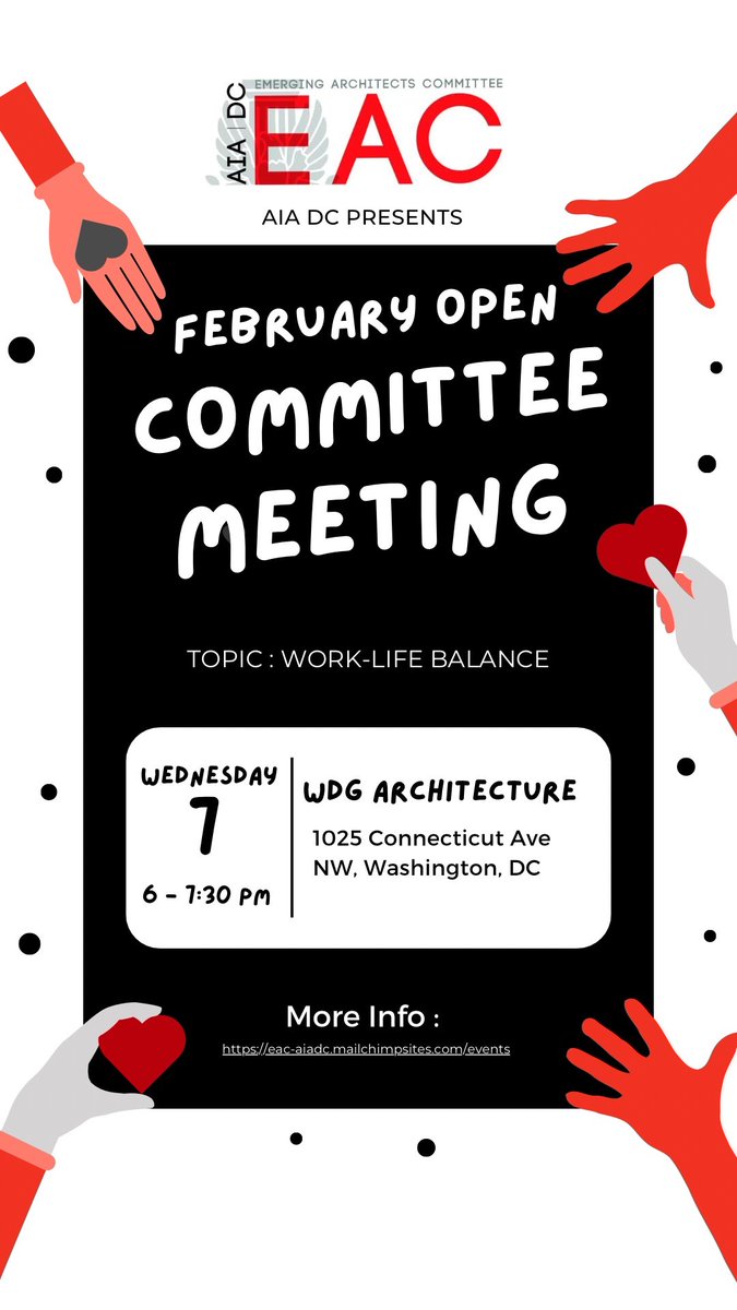 AIAdcEAC's tweet image. Join us for our February EAC Open Committee Meeting at WDG! Open discussion: Work-Life Balance

Wednesday, February 7th, 6:00 - 7:30 pm
WDG, 3rd floor, Suite 300, 1025 Connecticut Ave NW,
Washington, DC, 20036

Check out the Agenda here;
lnkd.in/gGmNNi8T