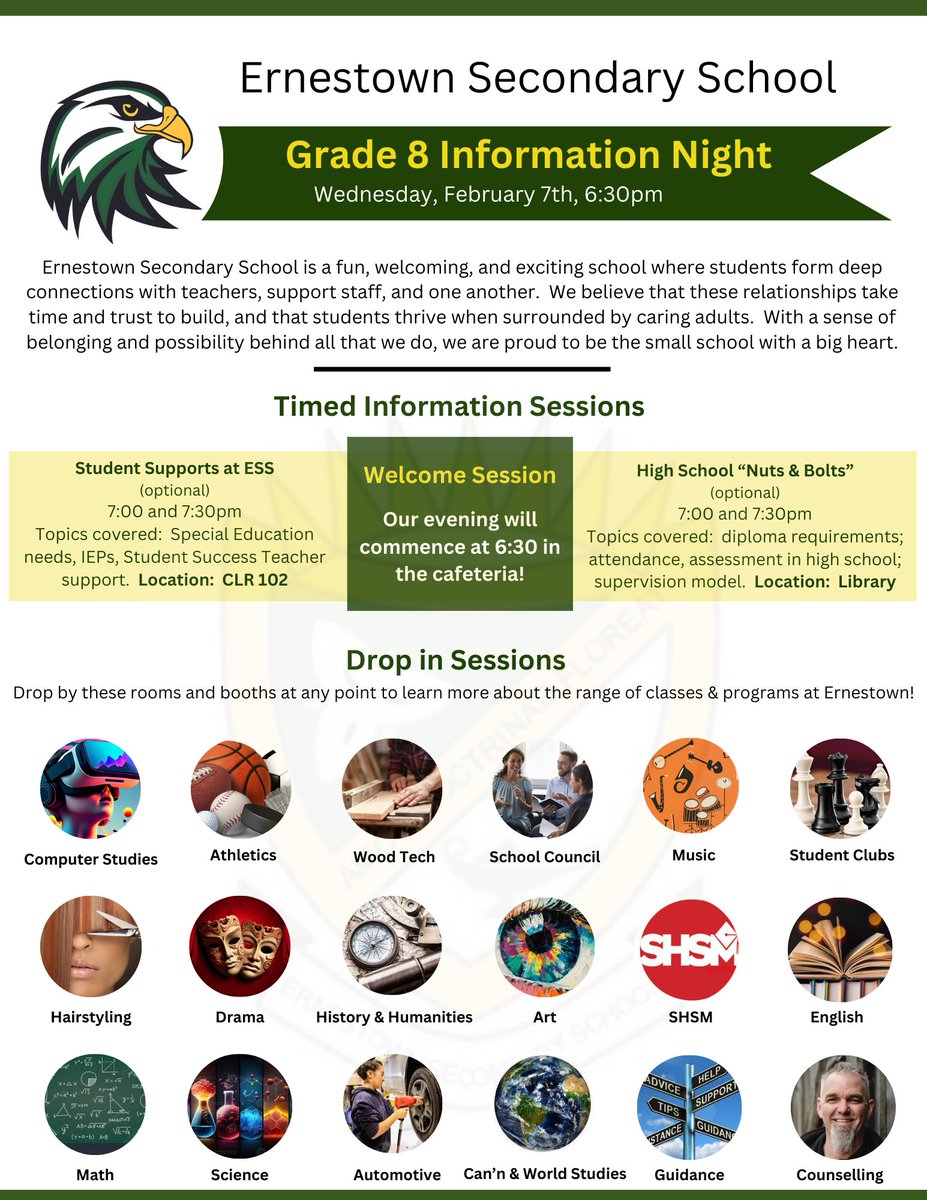 Ernestown (@ernestown_ldsb) on Twitter photo Attention all current and future Eagle families! Join us on February 7th at 6:30pm for our Grade 8 Information Night open house event! <a href="/LimestoneDSB/">Limestone District School Board</a> <a href="/LOYTWP/">Loyalist Township</a> <a href="/exploreloyalist/">Loyalist Township - Explore & Play</a> Attention all current and future Eagle families! Join us on February 7th at 6:30pm for our Grade 8 Information Night open house event! <a href="/LimestoneDSB/">Limestone District School Board</a> <a href="/LOYTWP/">Loyalist Township</a> <a href="/exploreloyalist/">Loyalist Township - Explore & Play</a>
