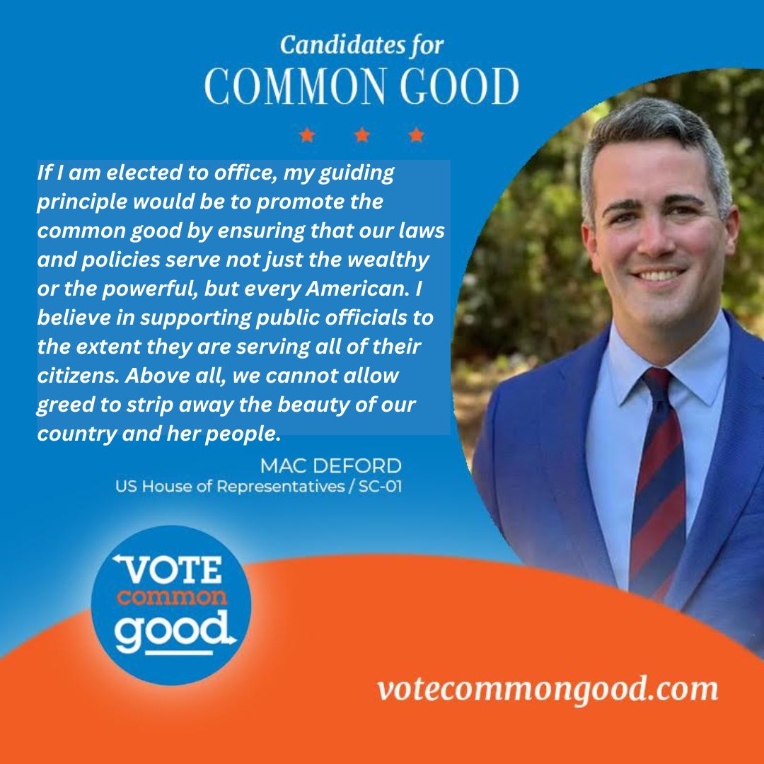 MacDeford's tweet image. Thank you @VoteCommon for recognizing me as a Candidate for Common Good. #CommonGood #SC01 #SCpol

“If I am elected to office, my guiding principle would be to promote the common good by ensuring that our laws and policies serve not just the wealthy or the powerful, but every…