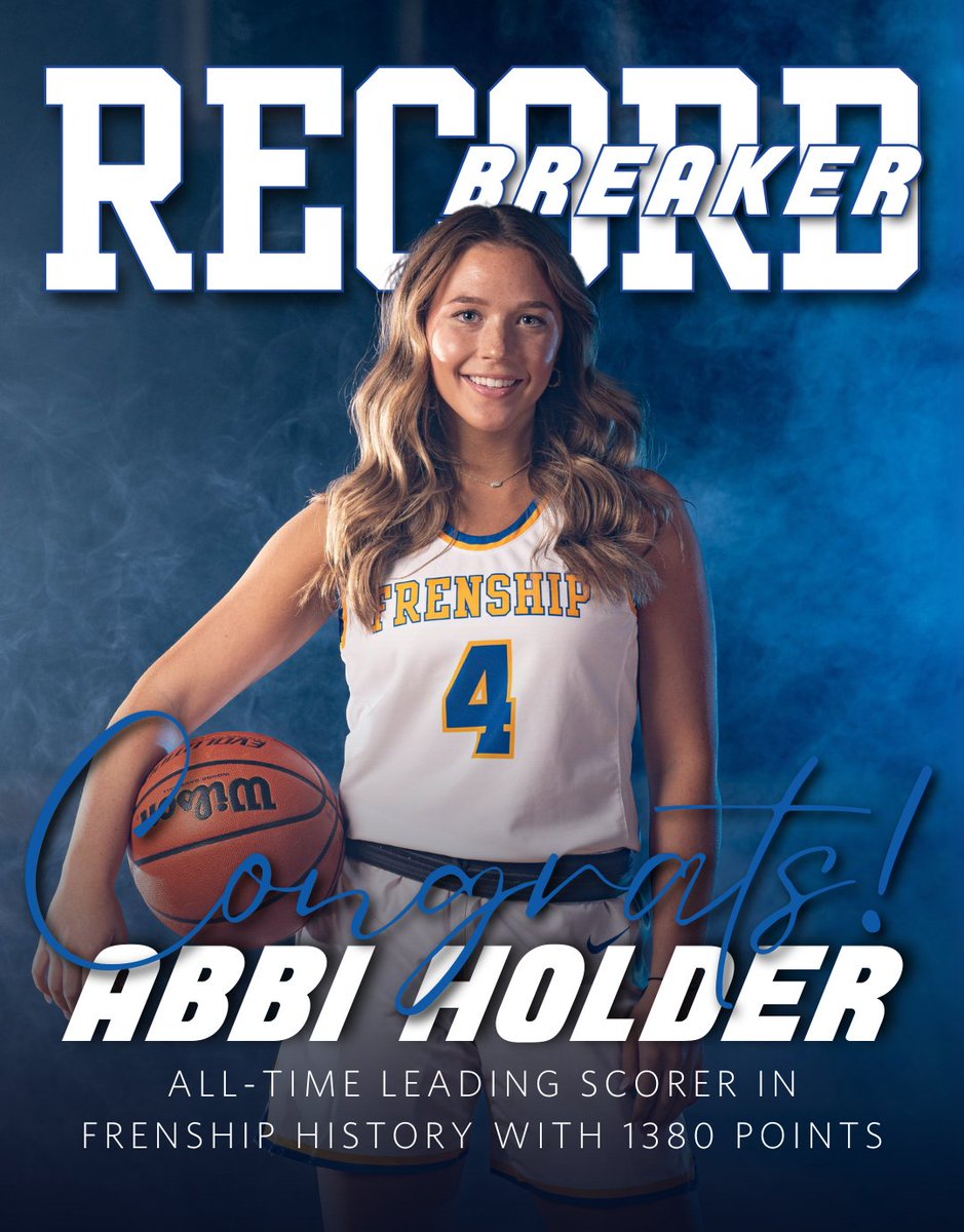 Congratulations to Abbi Holder for breaking the Frenship School record for All-Time Leading Scorer!😲👏 Last night at the Midland High game Abbi reached 1380 points in her Frenship basketball career surpassing the past record of 1377 points from 1991-1995 by Summer Lawlis. 🥳