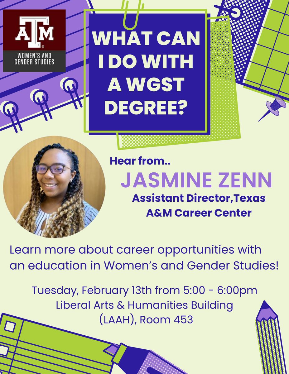 WGST at Texas A&M (@wgsttamu) on Twitter photo 🚨FEBRUARY 13TH:
Join us for a presentation from <a href="/tamucareer/">Texas A&M Career Center</a>'s Jasmine Zenn: What can I do with a WGST degree?
The event will be held in LAAH 453 from 5-6:00pm. We hope to see you there! 🚨FEBRUARY 13TH:
Join us for a presentation from <a href="/tamucareer/">Texas A&M Career Center</a>'s Jasmine Zenn: What can I do with a WGST degree?
The event will be held in LAAH 453 from 5-6:00pm. We hope to see you there!