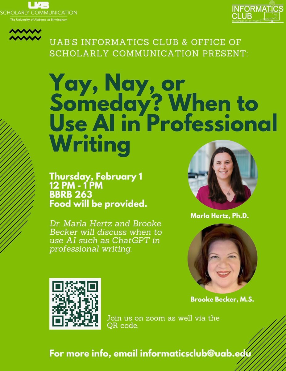 The UAB Informatics Club in conjunction with the Office of Scholarly Communication is hosting a seminar on using AI such as ChatGPT in professional writing. It will be held tomorrow at noon in BBRB 263 and on zoom. Lunch will be served! <a href="/UABAnesResearch/">UAB Anesthesiology Research</a> <a href="/UAB_Anesthesia/">UAB Anesthesiology</a>