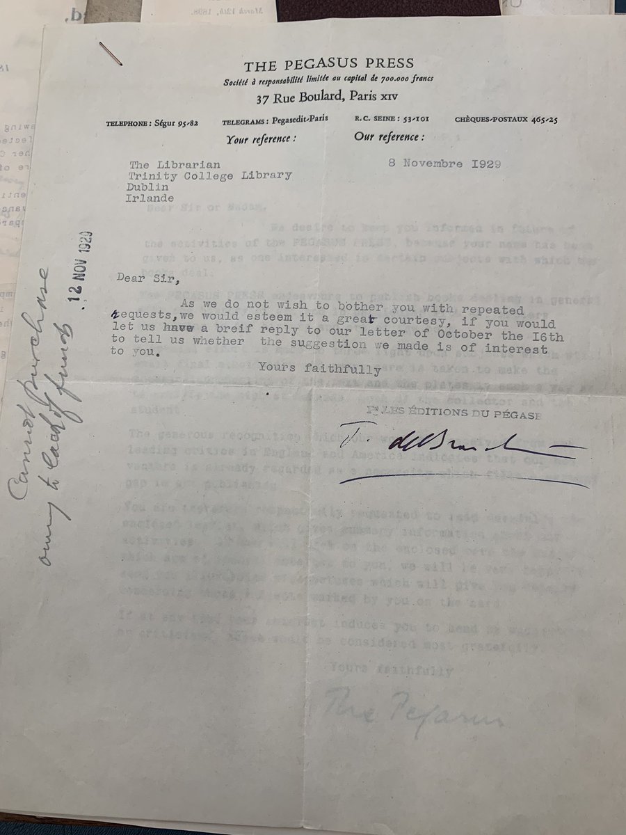 BoughtHome's tweet photo. Then there’s this wonderfully phrased #passiveagressive request for the @tcdlibrary Librarian to reply to a proposal made 3 weeks earlier. (Maybe the crash of London stock exchange September 20 then  NY October 24 that year were impacting him?)
#research #books
 @TCDResearchColl https://t.co/redvUEkO22
