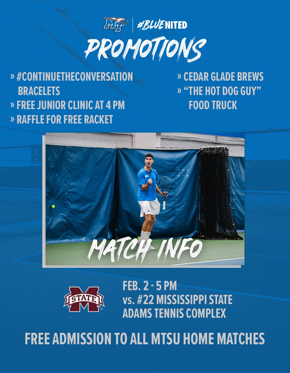 MT_MensTennis's tweet photo. BIG MATCH DAY INCOMING! 😤

Don't miss out on these promotions! See ya at the ATC on Friday at 5 PM!

#BLUEnited https://t.co/k6Bi9hT28o