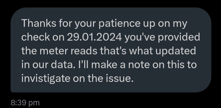Barkston88's tweet photo. Amazing how @thameswater can confirm that I gave a meter reading on the 29/1/24 during a conversation that they also claim didn't happen... https://t.co/VdLCWG7Gbg