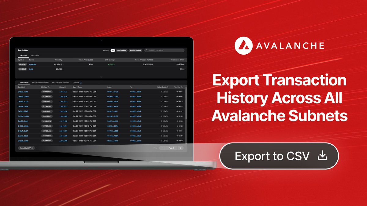 avax's tweet photo. Looking to keep track of all your crypto activity from the past year?

Easily export any transaction data as a CSV, and make tax season & managing Avalanche tx history stress-free!

View data on Subnets for any: 
✅ Transaction 
✅ Wallet 
✅ dApp Contract   

https://t.co/WFm4Ry1UH1