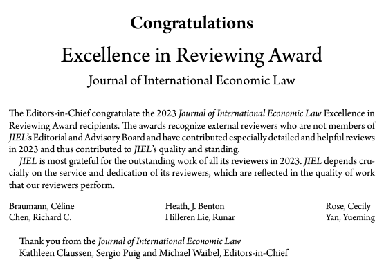 JIEL_OUP's tweet photo. JIEL awards its 2023 Excellence in Reviewing awards to 6 reviewers for especially detailed and helpful reviews: @CelineBraumann @rchenlaw @jbentonheath @rhlie Cecily Rose @yueming_yan. Thanks to all our reviewers and congratulations! @Claussen_K @LawProfPuig @WaibelM09 https://t.co/7cZPHJVX5U