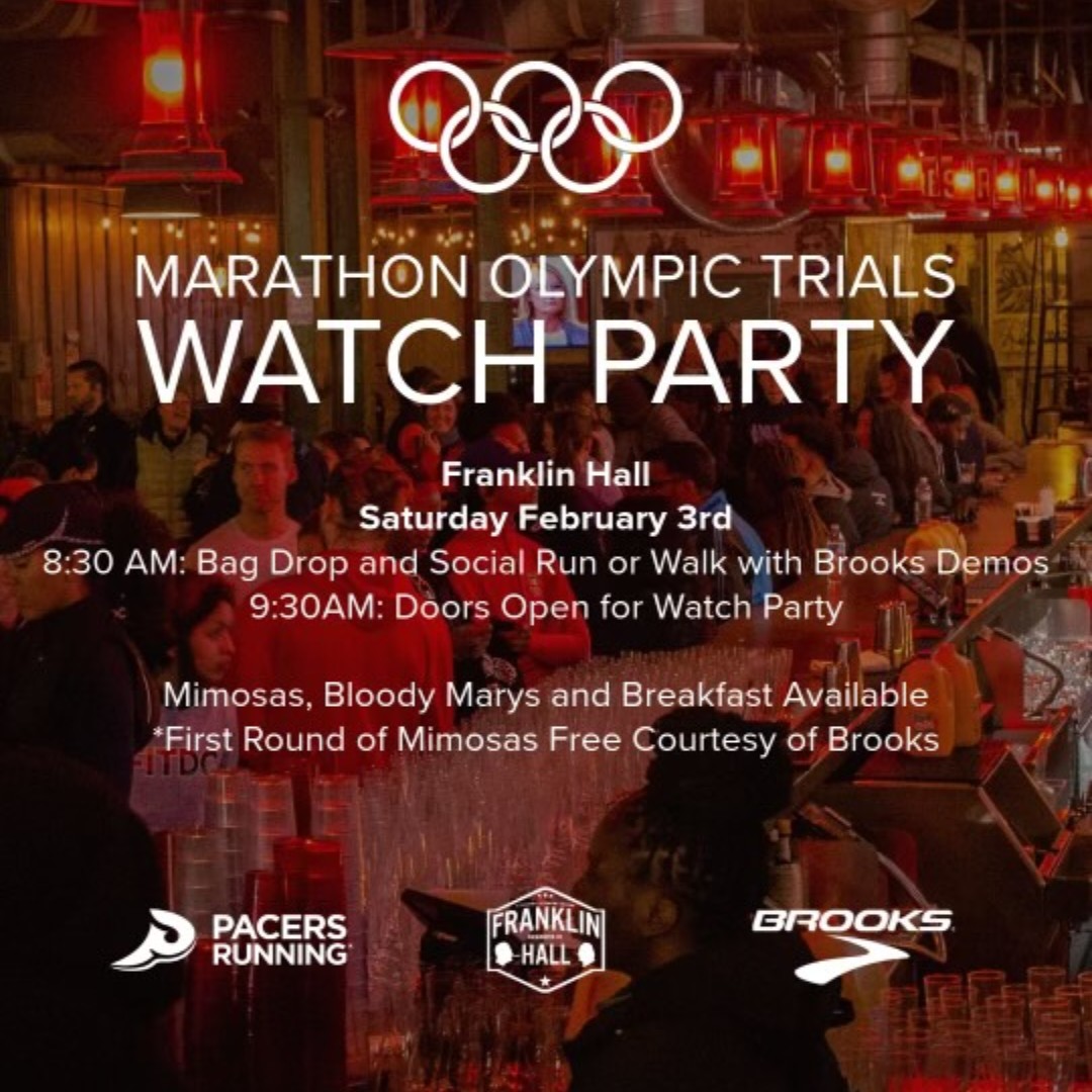 Join us for a Marathon Olympic Trials Watch Party this Saturday (February 3rd)! We will be meeting at Franklin Hall at 8:30am for a social run or walk with <a href="/brooksrunning/">Brooks Running 💙</a>  and the watch party will start at 9:30am. #ForEveryRun