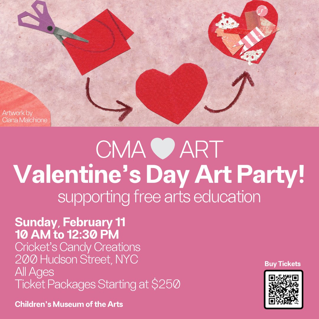 We’re raising funds for free arts programming in the sweetest way possible! Join our Valentine’s Day Art Party on February 11 for a morning of nostalgic crafts, including the epic return of everyone's favorite Clay Bar! Tickets: eventbrite.com/e/cma-art-vale…
