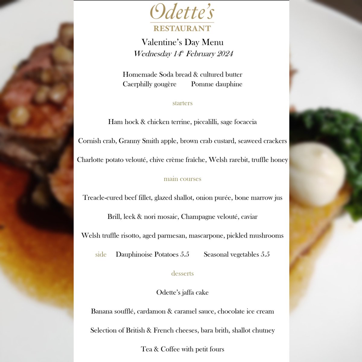 Valentine's Day <a href="/Odettes_rest/">Odettes Restaurant</a> 
We will also be open for LUNCH
Special Valentine's Day menu
LUNCH
3 courses, selection of snacks, tea, coffee with Petit fours
£70 pp
odettesprimrosehill.com/valentines
odettesprimrosehill.com/bookings
<a href="/Brynwchef/">Bryn Williams</a>
<a href="/brynskitchen/">Bryn Williams</a>