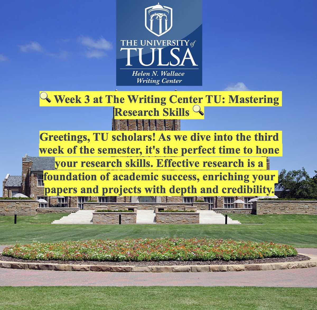 UTulsaWC's tweet photo. This week's focus: efficient &amp; effective research

Utilize library resources: tap into the wealth of knowledge available through TU's library databases. From academic journals to e-books, your next great source is just a search away. https://t.co/hcR59OMkyU