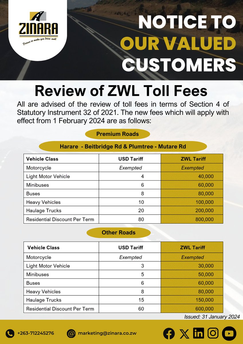 zinaraZW's tweet photo. Customer Update : ZWL Toll Fees Effective 1 February 2024

@MinistryofTID @InfoMinZW @CBZHoldings @NMBBankZim @FBCHoldings @AfcHoldings @nbshousing @zb_foryou @BancabcZW @POSBZimbabwe @NedbankZimbabwe @EcobankZW @CabsZimbabwe @stewardbank @EcoCashZW @OneMoneyZw @HeraldZimbabwe https://t.co/D5F4jEyG9p
