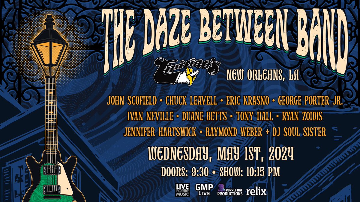 Eric Krasno (@erickrasno) on Twitter photo Nola! So happy to be with you for The Daze Between at the legiondary <a href="/tipitinas/">𝐓𝐢𝐩𝐢𝐭𝐢𝐧𝐚’𝐬 🍌</a> on May 1st with the some of the best around!!! @oldmansco @duanebetts @tonyhall504 @weberraymond @chuck_leavell <a href="/georgeporterjr/">George Porter JR</a> <a href="/ivanneville/">Ivan Neville</a> <a href="/jhartswick/">Jennifer Hartswick</a> <a href="/zoidis/">Ryan Zoidis</a> <a href="/djsoulsister/">DJ Soul Sister</a>
Tickets on sale now! Nola! So happy to be with you for The Daze Between at the legiondary <a href="/tipitinas/">𝐓𝐢𝐩𝐢𝐭𝐢𝐧𝐚’𝐬 🍌</a> on May 1st with the some of the best around!!! @oldmansco @duanebetts @tonyhall504 @weberraymond @chuck_leavell <a href="/georgeporterjr/">George Porter JR</a> <a href="/ivanneville/">Ivan Neville</a> <a href="/jhartswick/">Jennifer Hartswick</a> <a href="/zoidis/">Ryan Zoidis</a> <a href="/djsoulsister/">DJ Soul Sister</a>
Tickets on sale now!