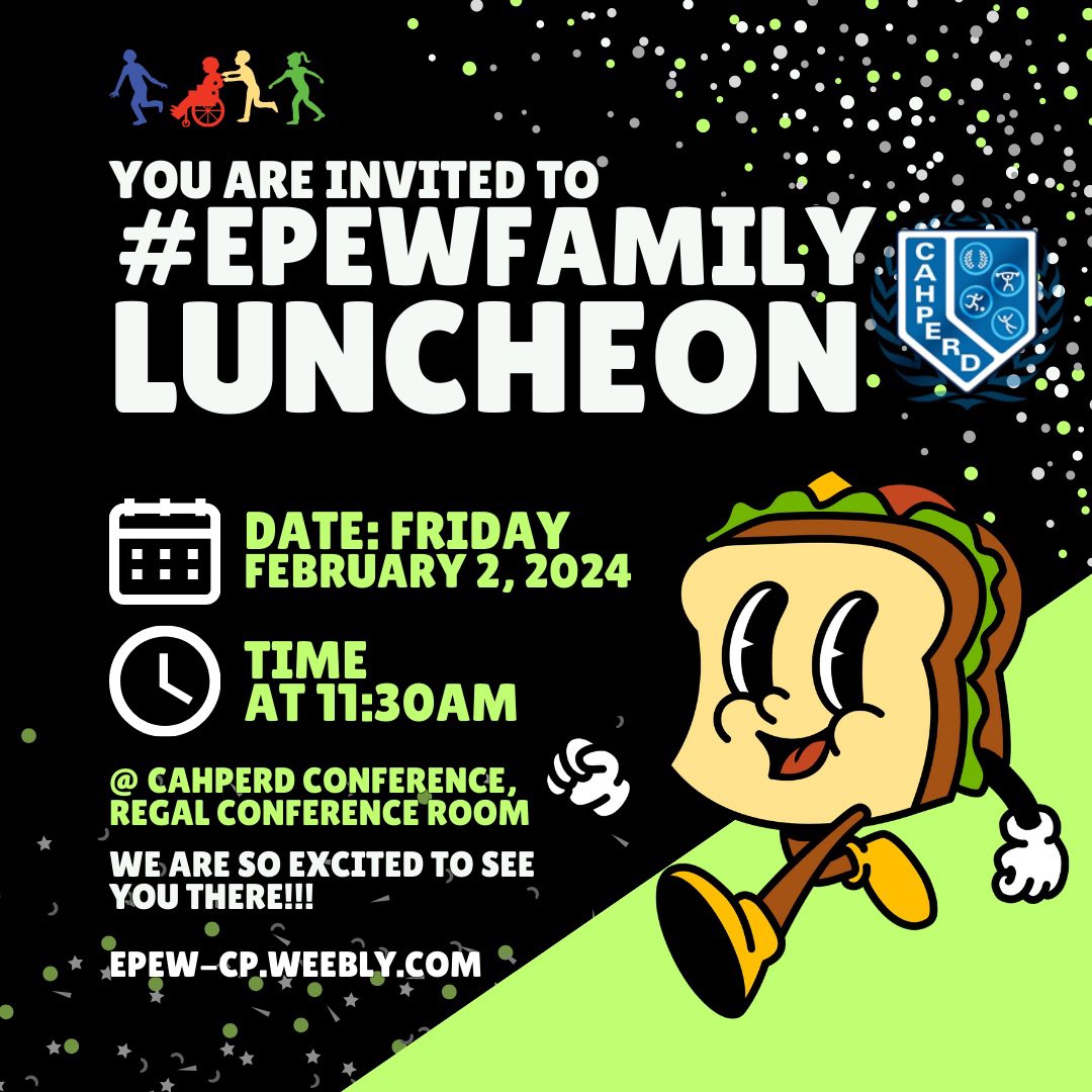 ‼️Attn all #EPEWfamily‼️ The #EPEW2024 committee will be hosting a luncheon 🥪 at @CAHPERD on Friday, Feb 2nd! Bring your own lunch (& a friend!), lunch is not included BUT great conversations are 🤗 We hope to see our #EPEWfamily there!! 🤩 #physed #pepd