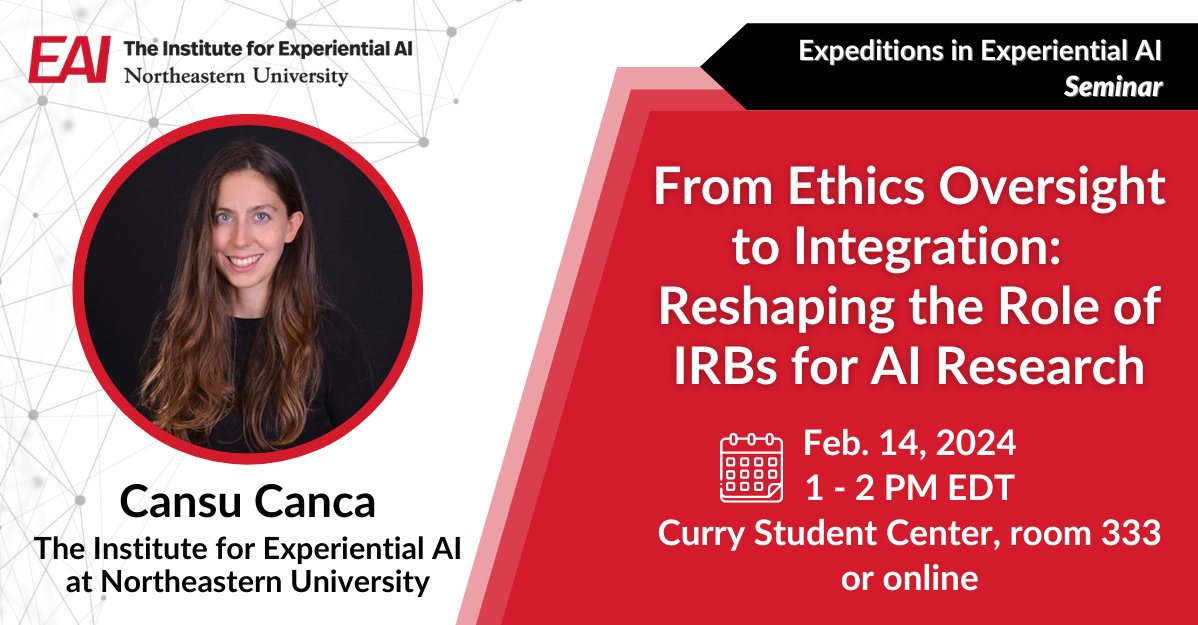 Experiential_AI's tweet image. Learn about the role of #IRBs in #AI and #AIresearch in our next Expeditions in Experiential AI seminar with Director of Responsible AI Practice, @ccansu on Feb. 14 at @Northeastern.

Register to join in-person or online for free: bit.ly/49j2vER